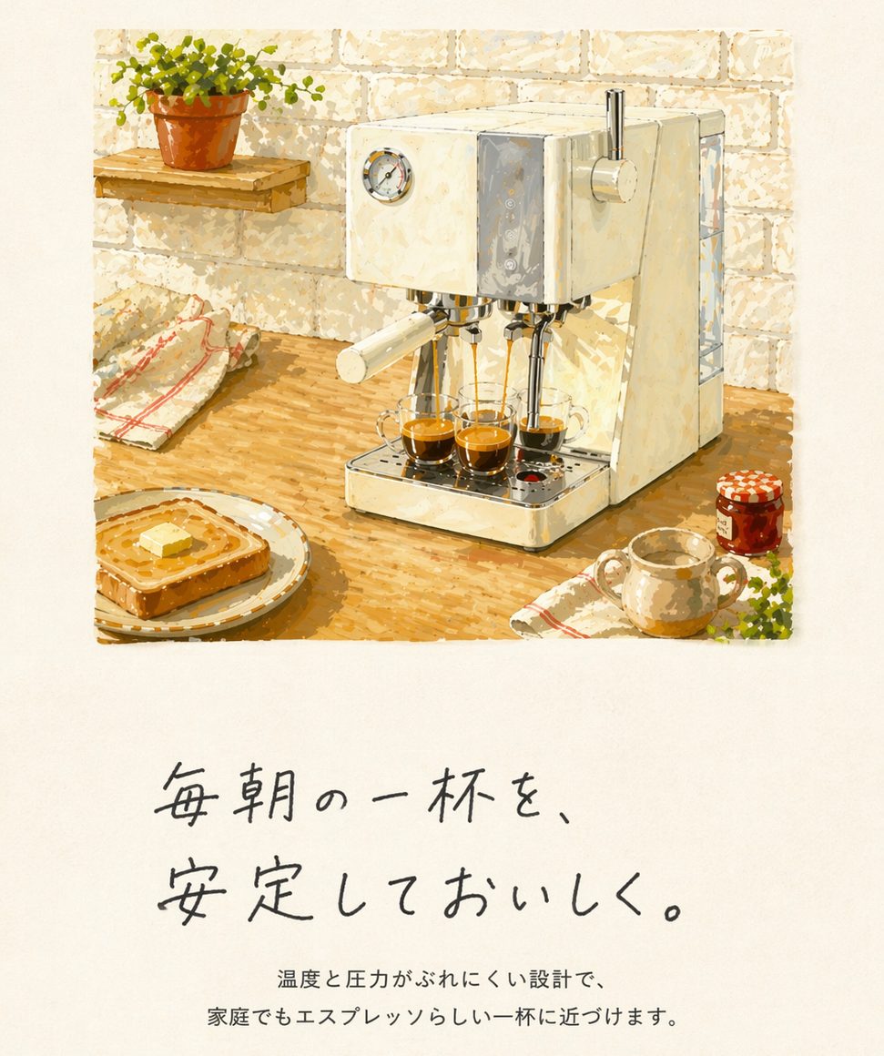 エスプレッソマシン：毎朝、たった5分で、本格の一杯