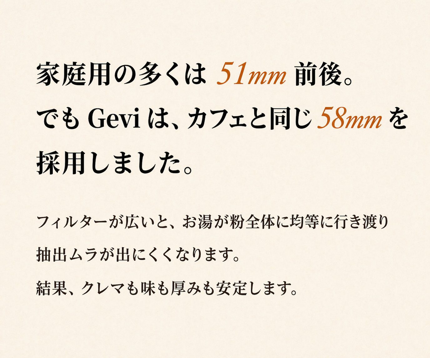 家庭用の多くは51mm前後。でもGeviはカフェと同じ58mmを採用しました。